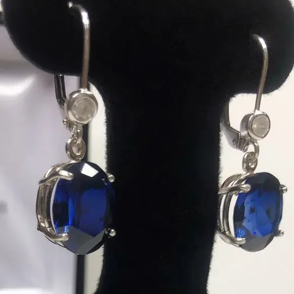 Beautiful 12ctw Oval Cut Sapphire Earrings in Sterling Silver Lab Sapphires - Picture 3 of 5
